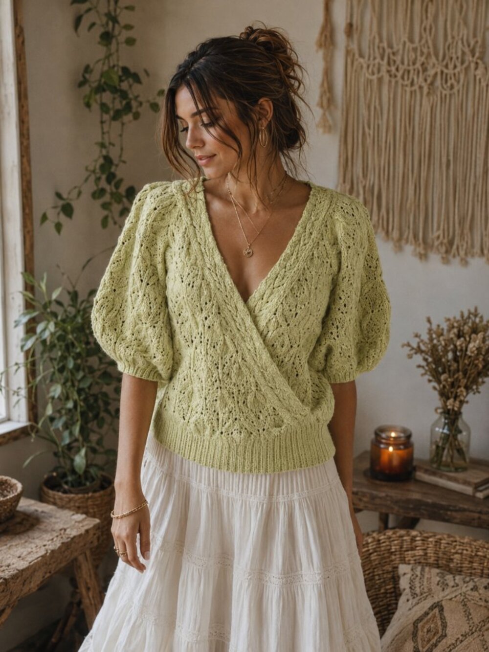 ASTR the Label Womens Elowen Knit Sweater L Puff Sleeve Soft Green Cottage Boho